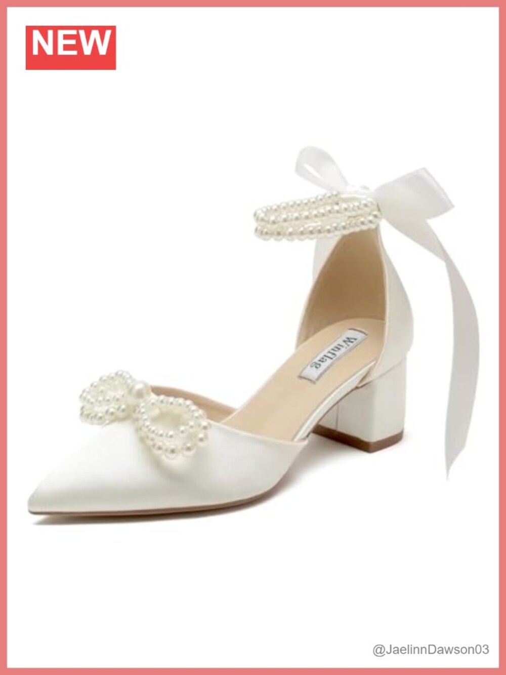 Satin Pearl Block Heel Wedding Shoes for Bride, Pointed Toe, 2 Inch Chunky Heels